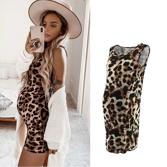 Leopard Print Sleeveless Maternity Midi Dress