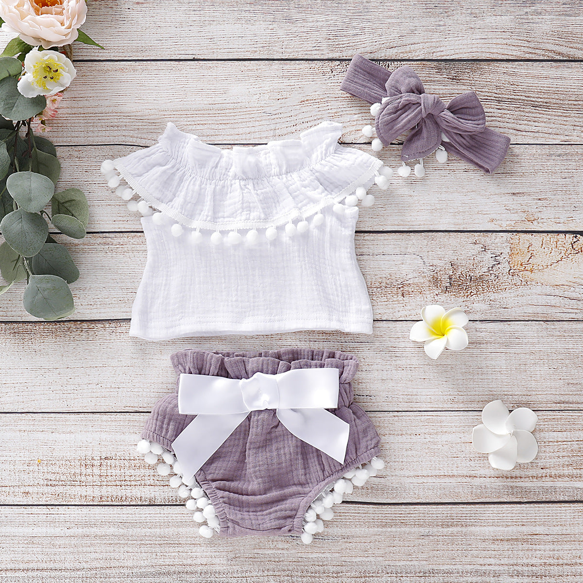 Baby Cotton Clothes and Pants Set - Plain Pattern