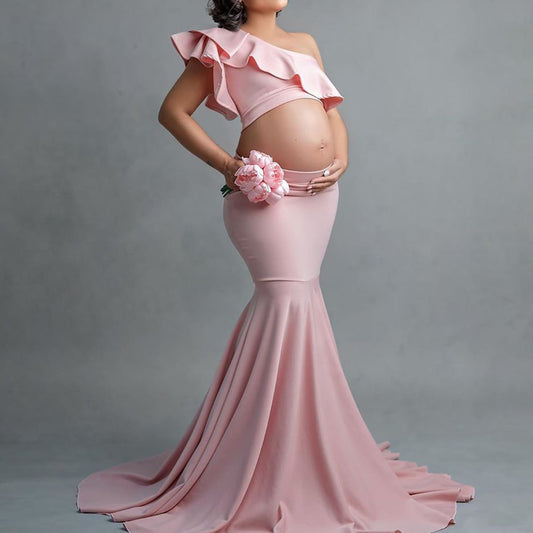 women wearing Elegant Lace Strapless Maternity Dress