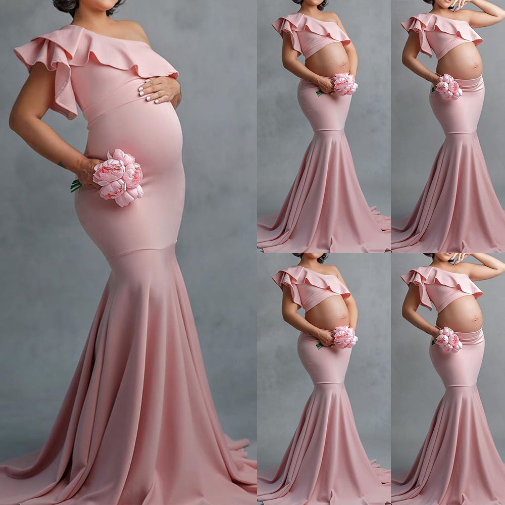 women wearing Elegant Lace Strapless Maternity Dress