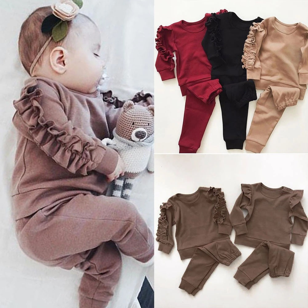 Newborn Baby Girl Ruffles Jumper Solid Sweatshirt Pants Set