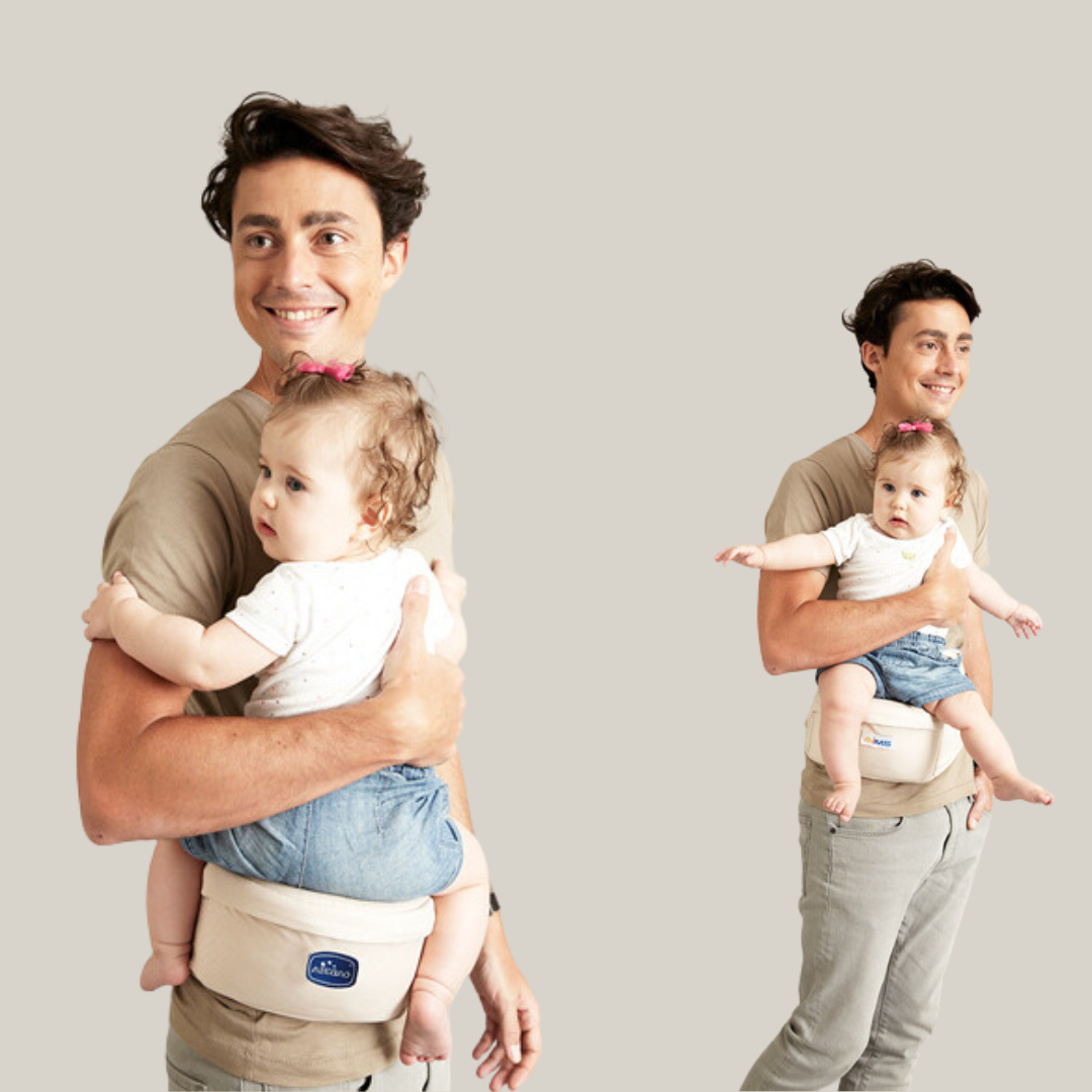 men hold his baby in 2 diffrent view with Baby Waist Stool Carrier