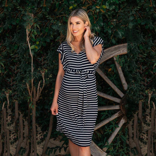 women wear Chic Stripe Cotton Maternity Pregnet Dress