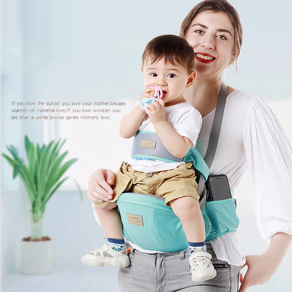 women smile with her baby inside the Comfortable Multifunctional Baby Waist Stool & Carrier Strap