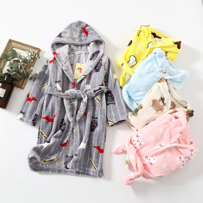 Kids Flannel Hooded Night-robe - Cute Coral Velvet Home Clothes