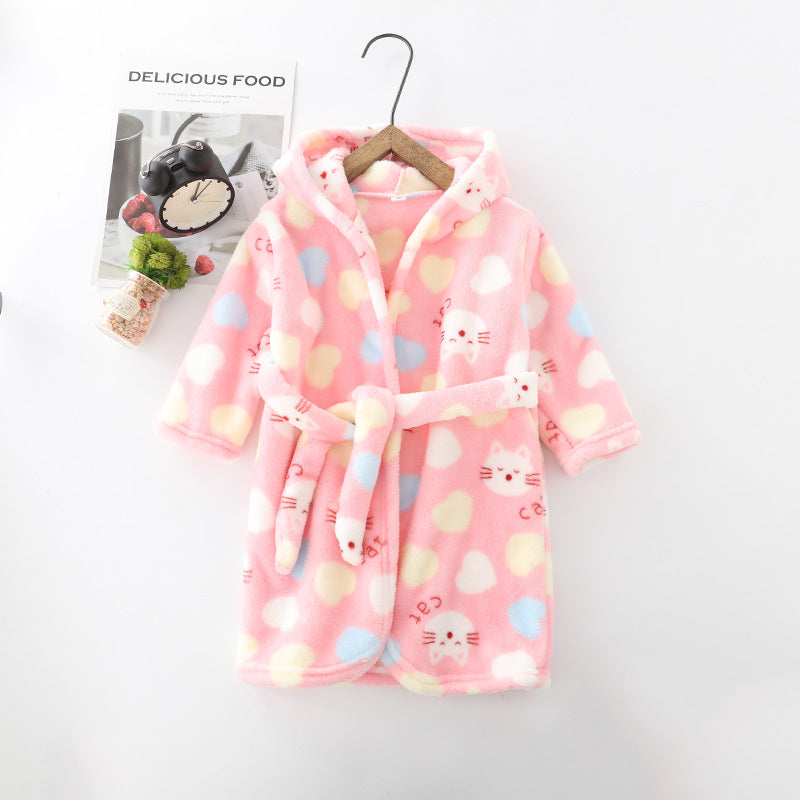 Kids Flannel Hooded Night-robe - Cute Coral Velvet Home Clothes