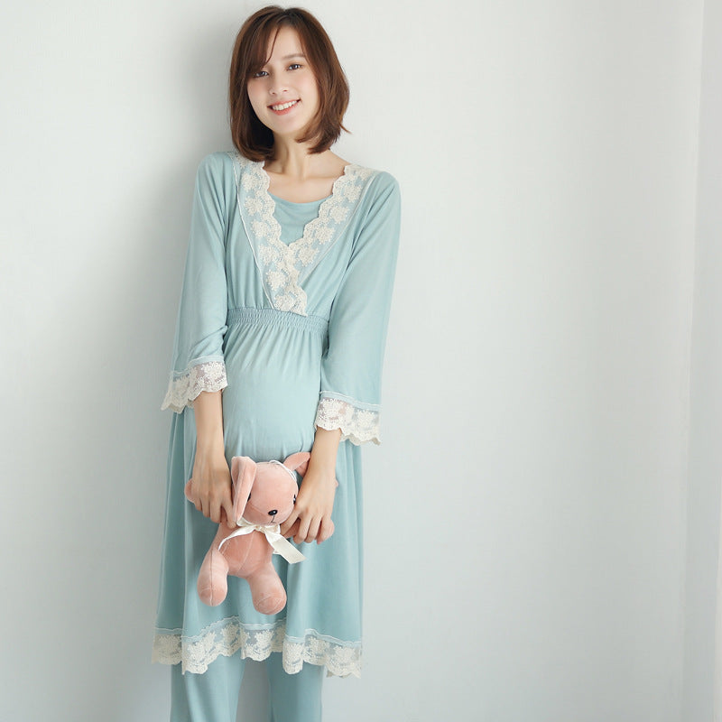 women wear Lace Maternity & Nursing Pajama Set for Spring/Autumn