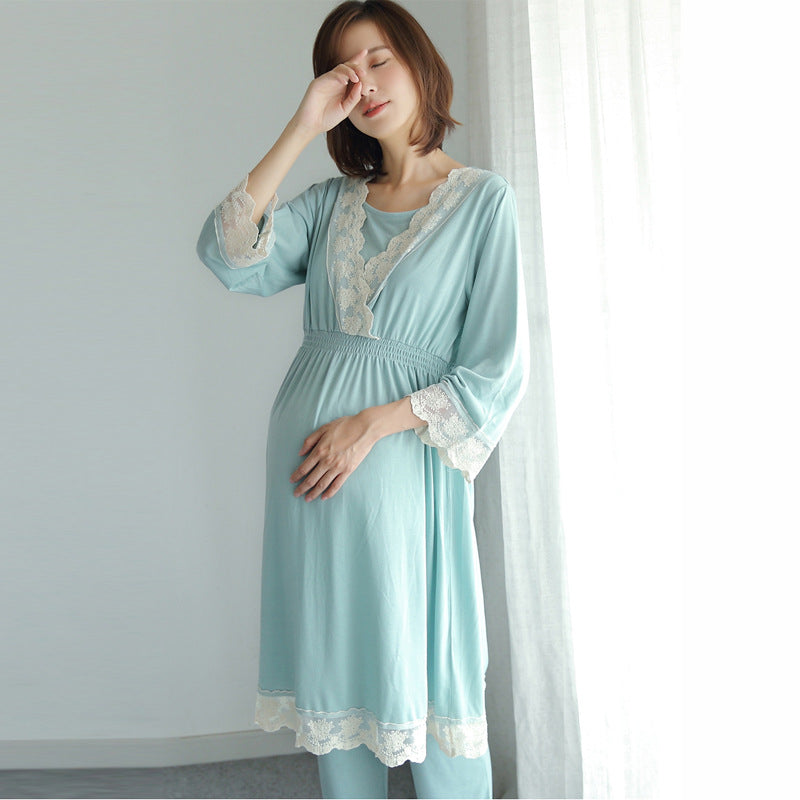 women wear Lace Maternity & Nursing Pajama Set for Spring/Autumn