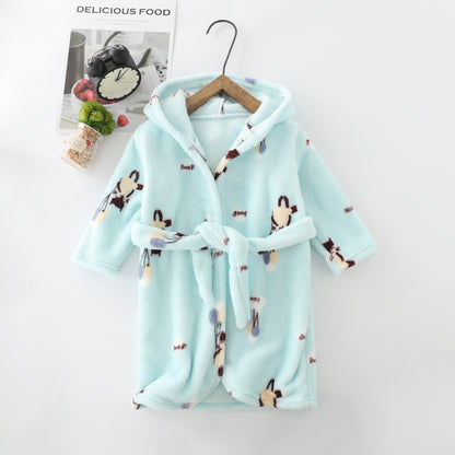 Kids Flannel Hooded Night-robe - Cute Coral Velvet Home Clothes