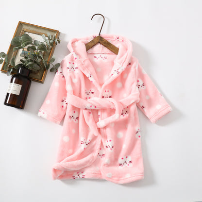 Kids Flannel Hooded Night-robe - Cute Coral Velvet Home Clothes