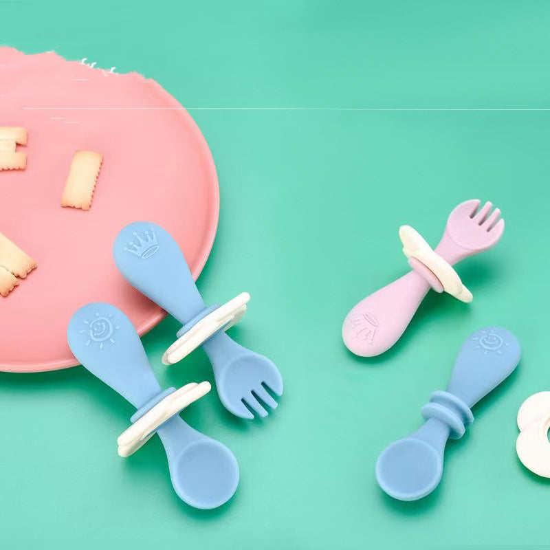 Silicone Short Handle Spoon & Fork Set for Children 