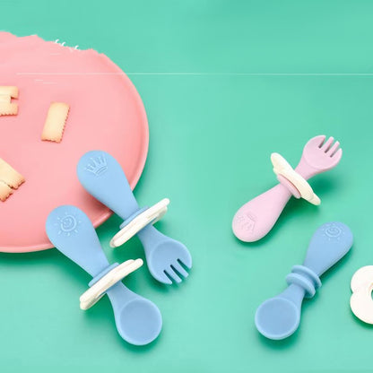 Silicone Short Handle Spoon & Fork Set for Children 