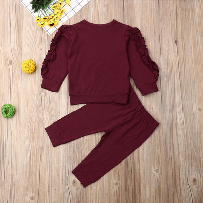 Newborn Baby Girl Ruffles Jumper Solid Sweatshirt Pants Set