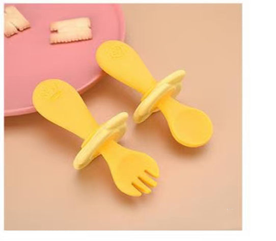 Silicone Short Handle Spoon & Fork Set for Children 