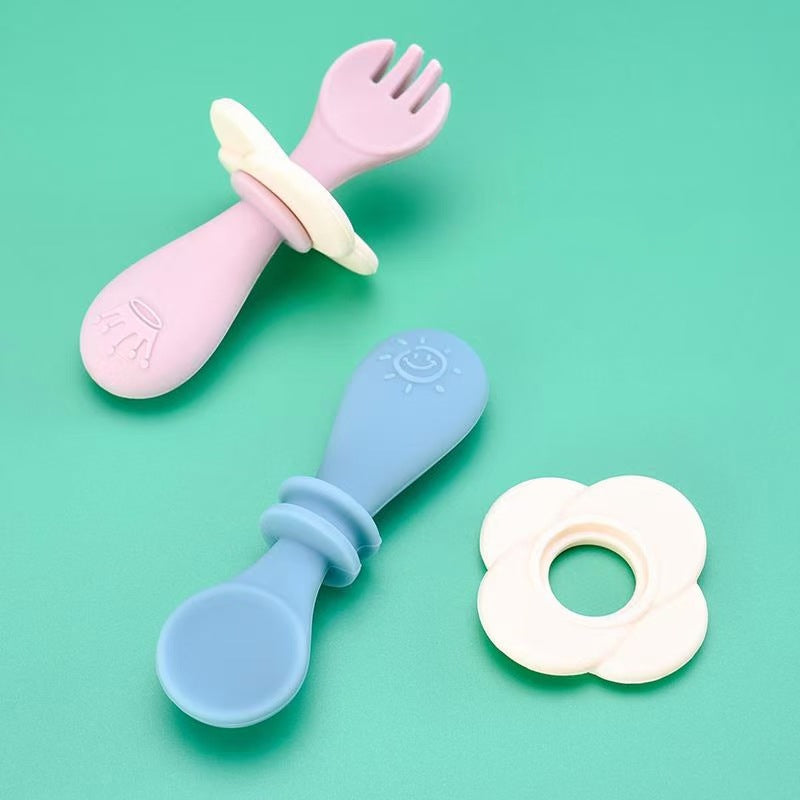 Silicone Short Handle Spoon & Fork Set for Children 