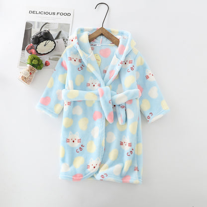 Kids Flannel Hooded Night-robe - Cute Coral Velvet Home Clothes