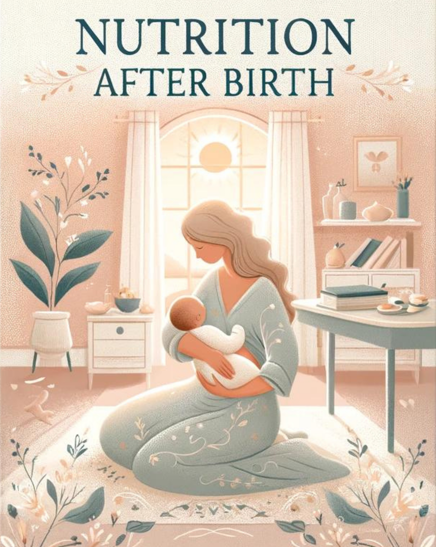 Illustrate cover of  an inspiring and tranquil book cover for Nutrition After Birth