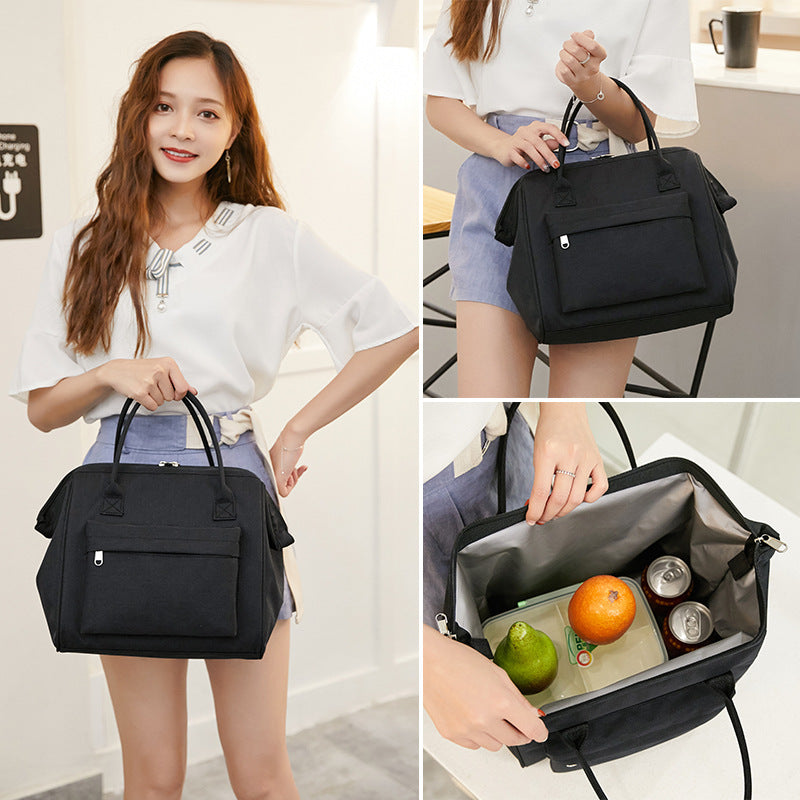 3 images with women hold Thermal Bento Lunch Bag Zipper Oxford Cloth Large Capacity