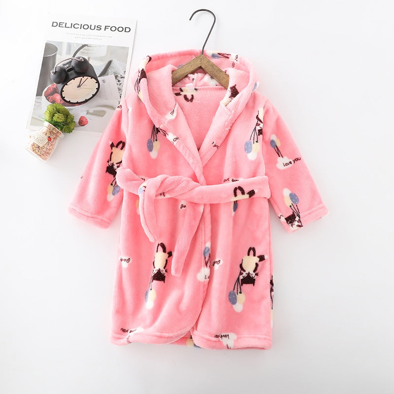 Kids Flannel Hooded Night-robe - Cute Coral Velvet Home Clothes