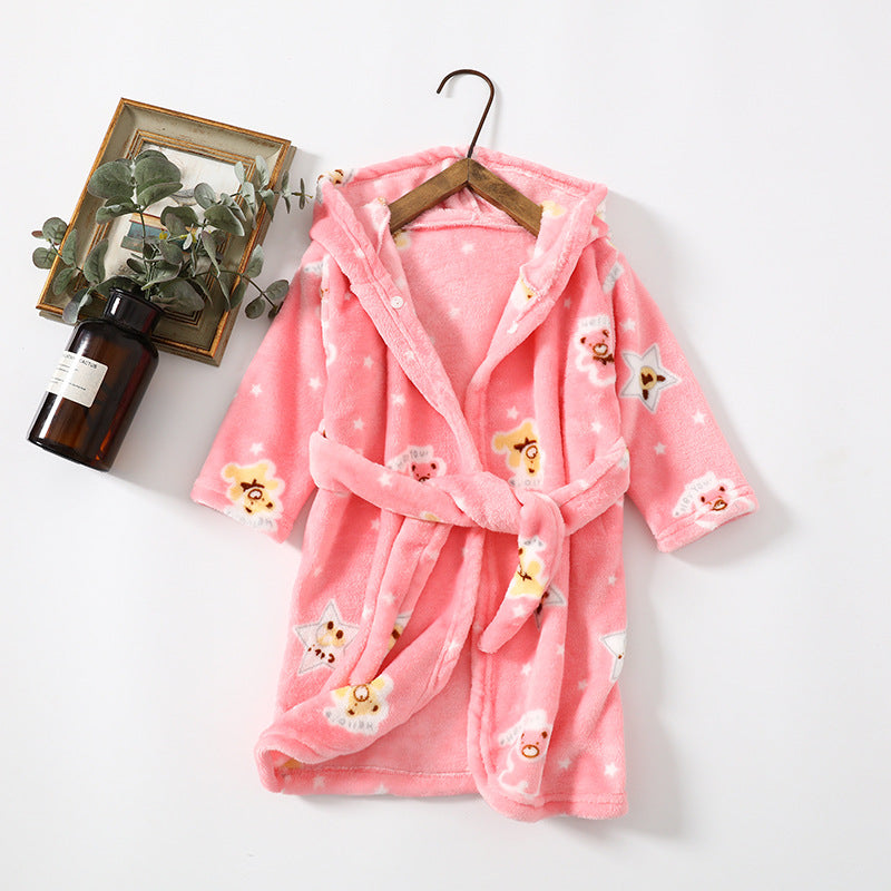 Kids Flannel Hooded Night-robe - Cute Coral Velvet Home Clothes