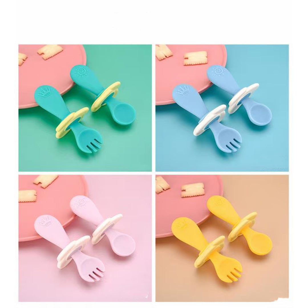 Silicone Short Handle Spoon & Fork Set for Children 