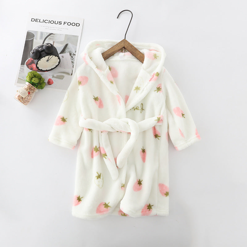 Kids Flannel Hooded Night-robe - Cute Coral Velvet Home Clothes