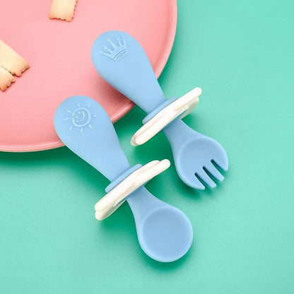 Silicone Short Handle Spoon & Fork Set for Children 