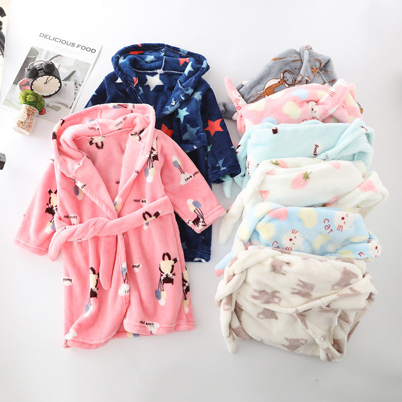 Kids Flannel Hooded Night-robe - Cute Coral Velvet Home Clothes